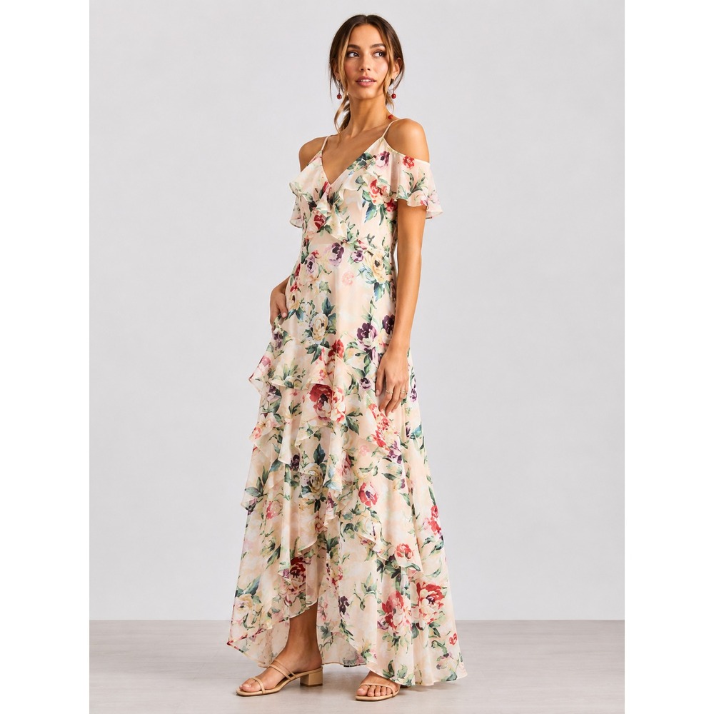 Miss Selfridge Dress Womens 4 Floral Cold Shoulder Ruffle Maxi Chiffon V Neck